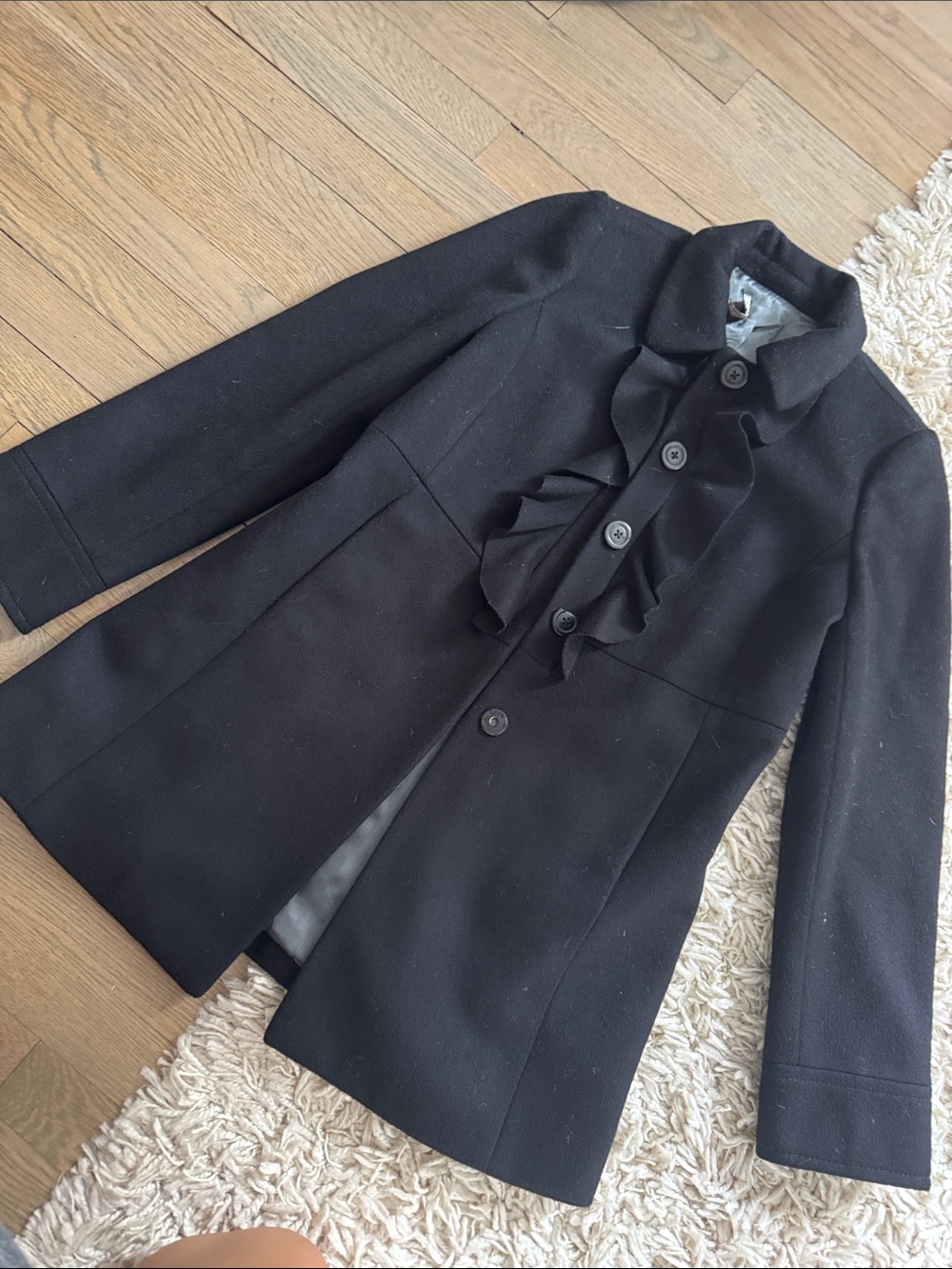 J. Crew Black Wool Ruffle-Front Coat